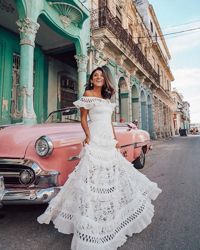 Summer Women Clothing off-Shoulder Ruffled Hollow Out Cutout Wide Hem Lace Dress Tunics Spring floral