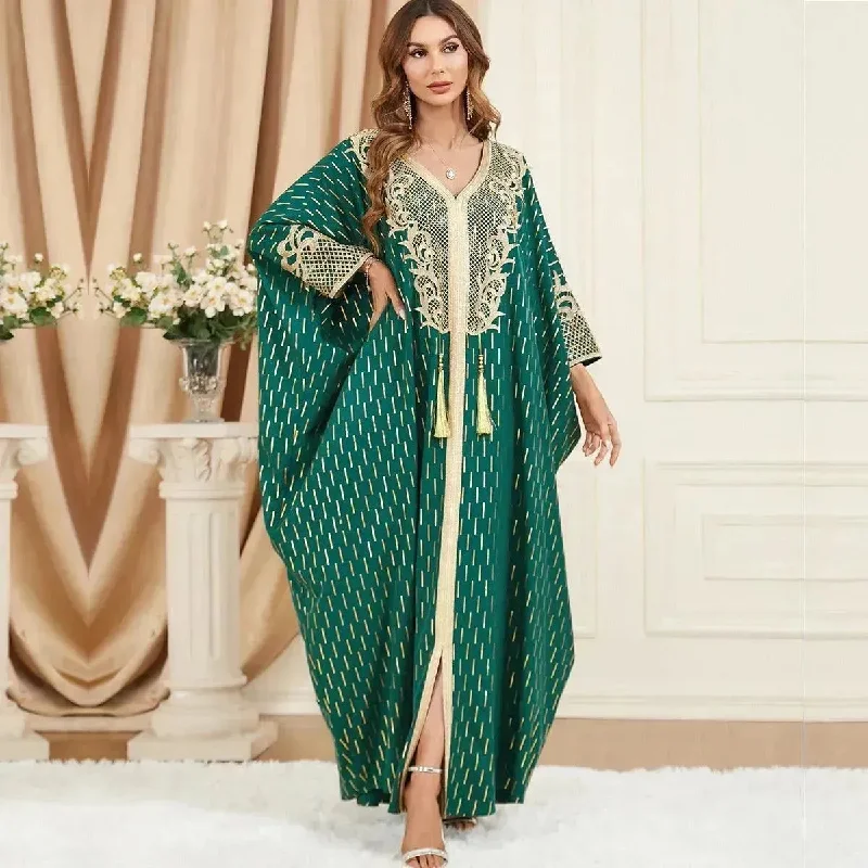 Dubai Turkey Arab Green Gilding Batwing Sleeve Bow Tie Stitching Middle East Popular Plus Size Tassel Split Dress Tunics Practical easy-care