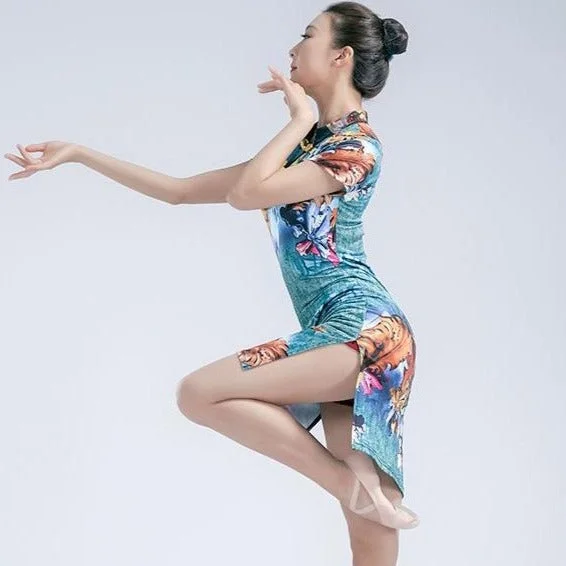 Elegant Floral Cheongsam Dress Chinese Style Dance Costume Tunics Spring floral