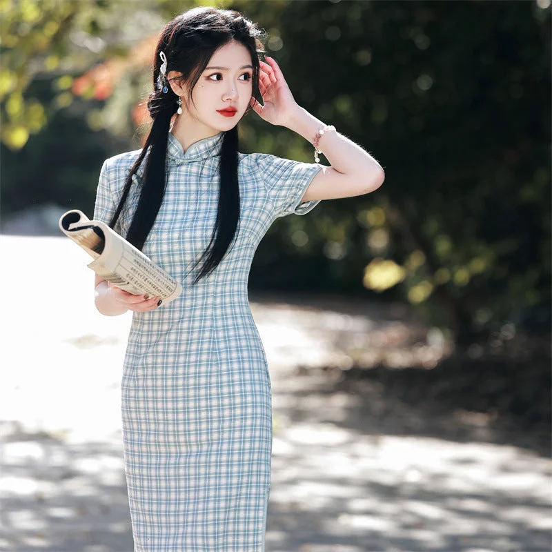 Cotton and Linen Plaid Short Qipao Dress for Young Women Tunics Leisure comfortable