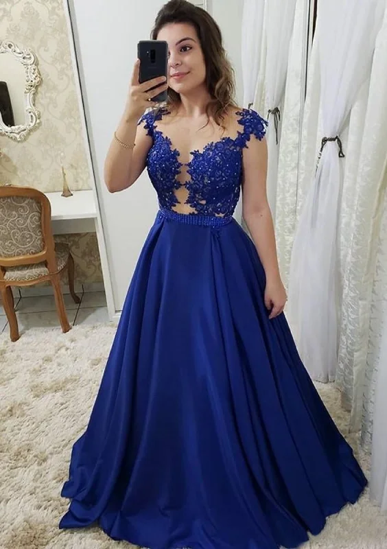 Royal Blue A-line Illusion Back Satin Formal Party Evening Prom Dress, Beaded Lace Tunics Gym athletic