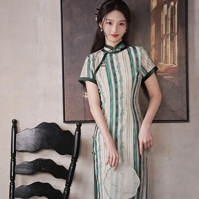 Shanghai Style Retro Striped Midi Qipao Dress Casual Day Dress Tunics Running lightweight