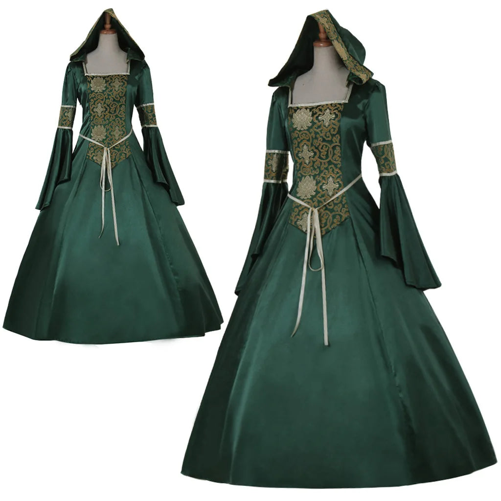 Wjczt Europe and the United States medieval retro court hooded dress Gothic square collar tie with flared sleeves large skirt Tunics Fashionable trendy