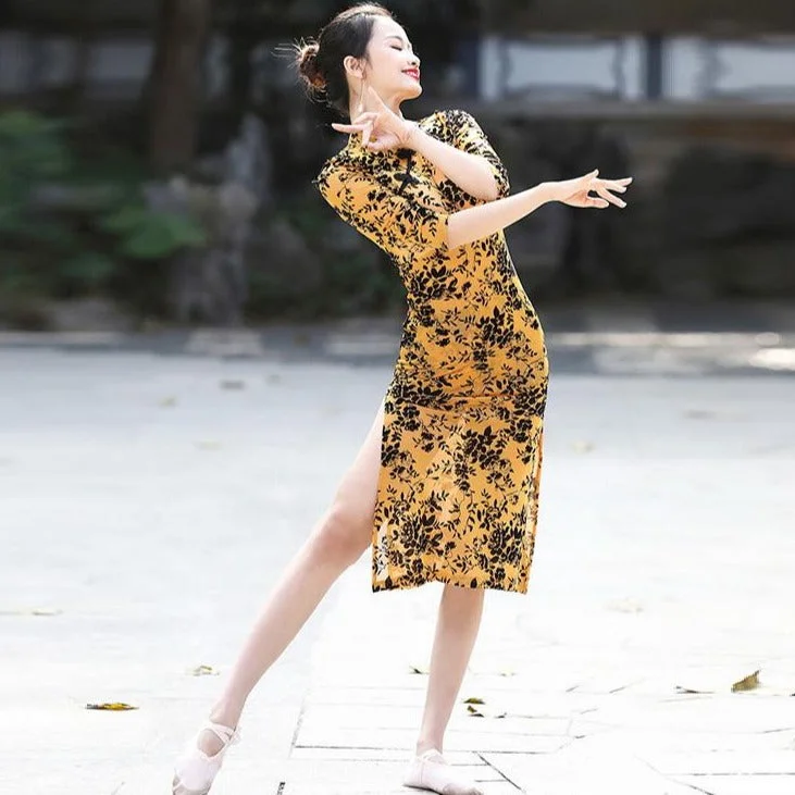 Stretchy Floral Cheongsam Dress Chinese Style Dance Costume Tunics Fall fleece