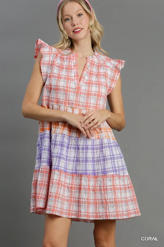 Mixed Plaid A-Line Split Neck Tiered Dress with Ruffle Sleeve Tunics Modern contemporary