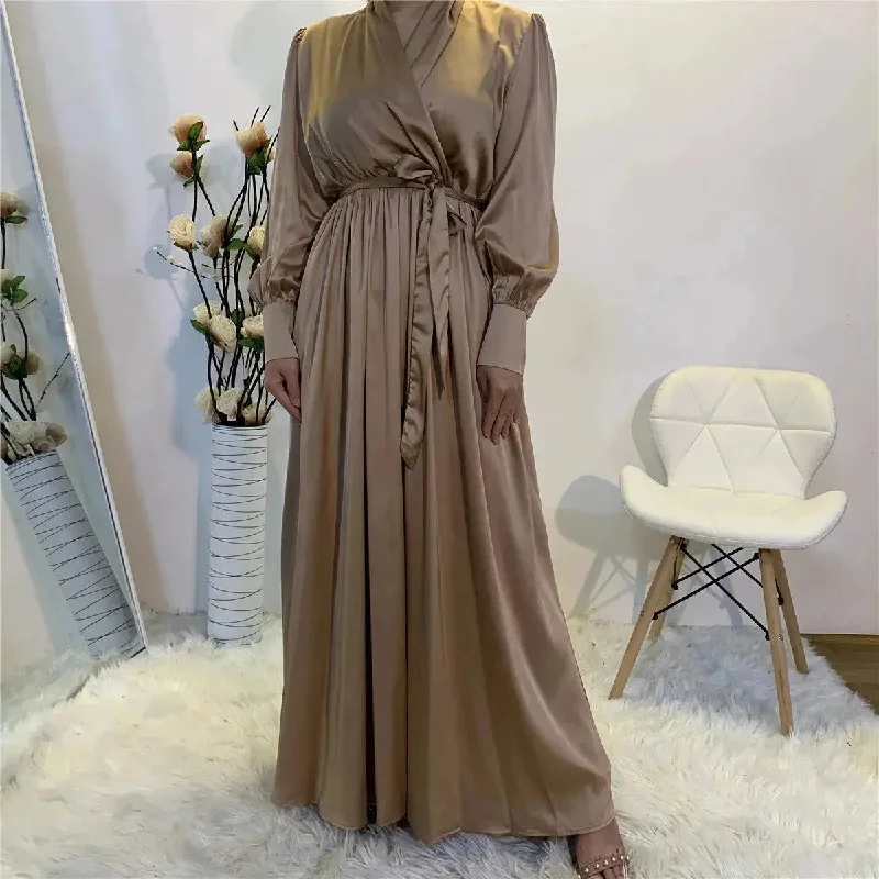Elegant V-Neck Plain color Dubai Abaya  Turkey Satin Abaya for ArabWomen Middle East dress for Women Tunics Bridal satin