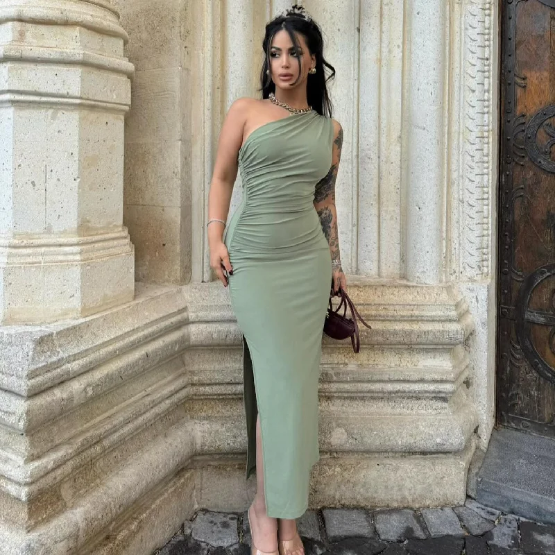 Summer Shoulder Solid Color Split Sleeveless Sexy Sexy Slim Fit Dress Tunics Prom sequined