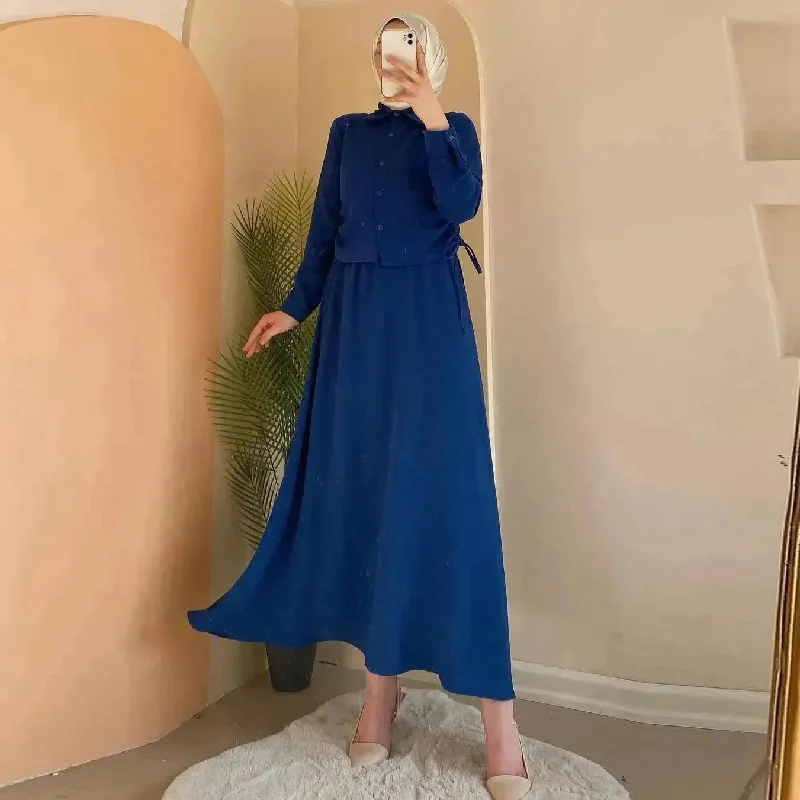 Solid Color Long Sleeve Skirt Suit for Elegant Arab Dubai Turkey Middle Eastern Women Abaya Dress Tunics Sophisticated sleek