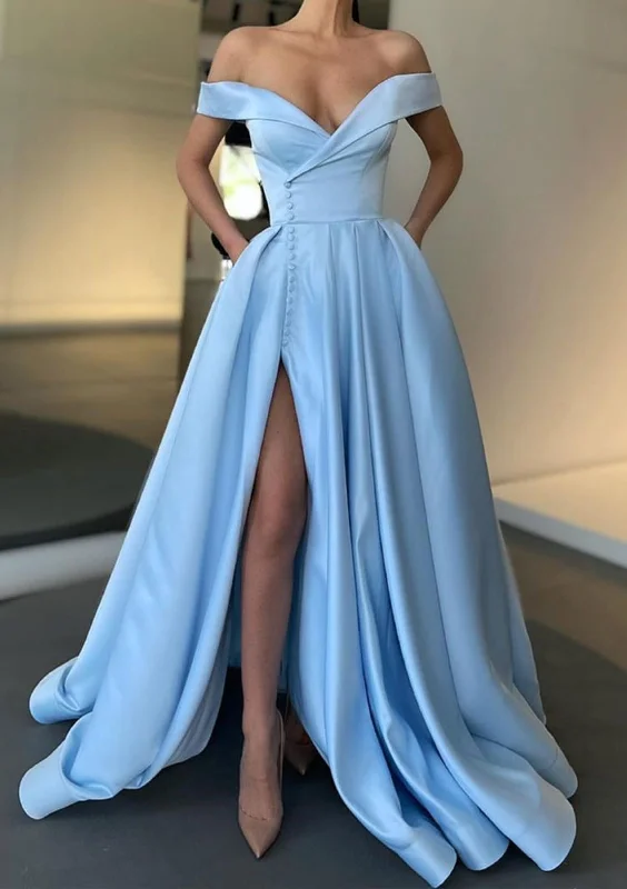 Off Shoulder Surplice Slit Sky Blue Satin Party Prom Dress, Buttons Tunics Canvas sturdy