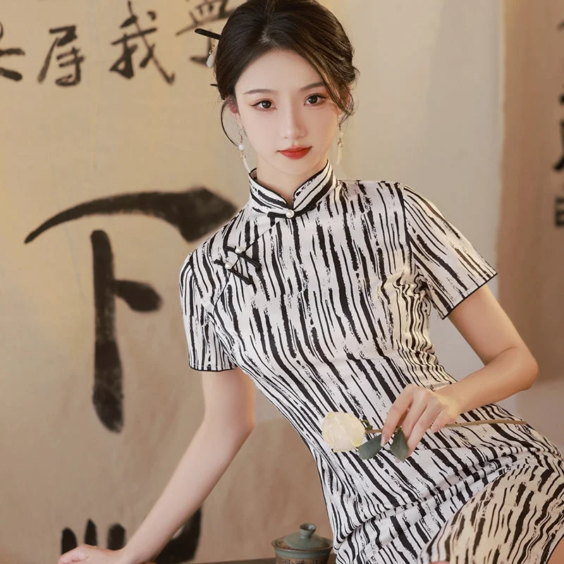 Shanghai Style Retro Black and White Striped Midi Qipao Dress Tunics Gym athletic