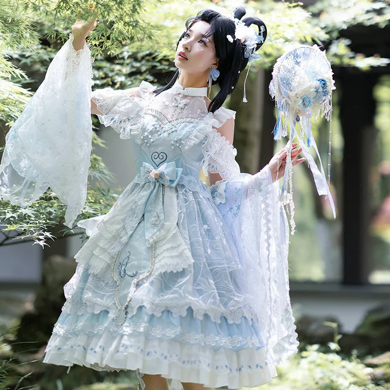 Wjczt Lolita Dress Flower Wedding Yao Yang Fu Ji JSK Palace Style Heavy Industry Gorgeous Dress Tea Party Skirt Tunics Versatile functional