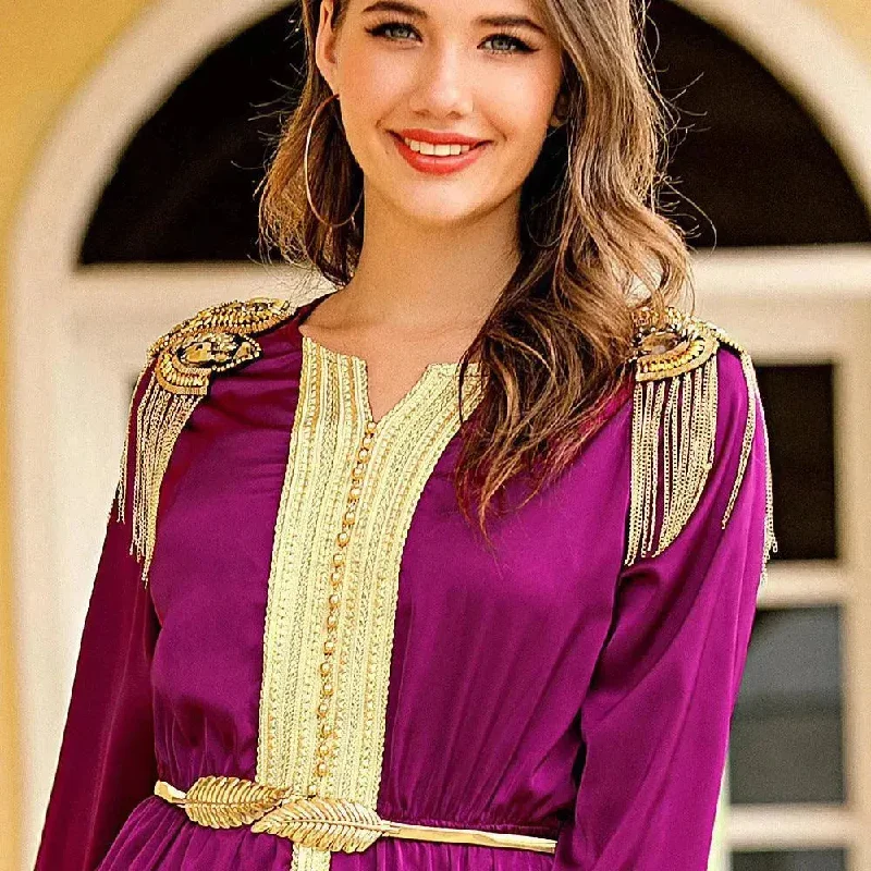 Embroidered Woven Satin Dress With Beads And Tassels Epaulettes for Turkey Dubai Middle East Women Abaya Dress Tunics Practical durable