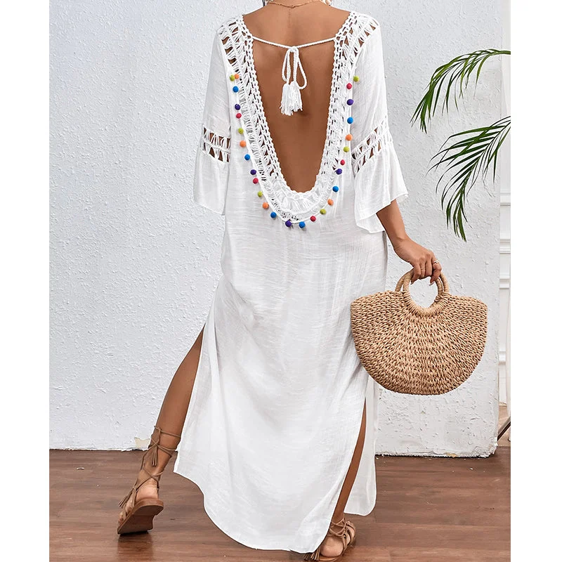 Women Hand Hook Stitching Colorful Ball Sexy Hollow Out Cutout Backless Loose Beach Long Cover Dress Tunics Luxurious high-end