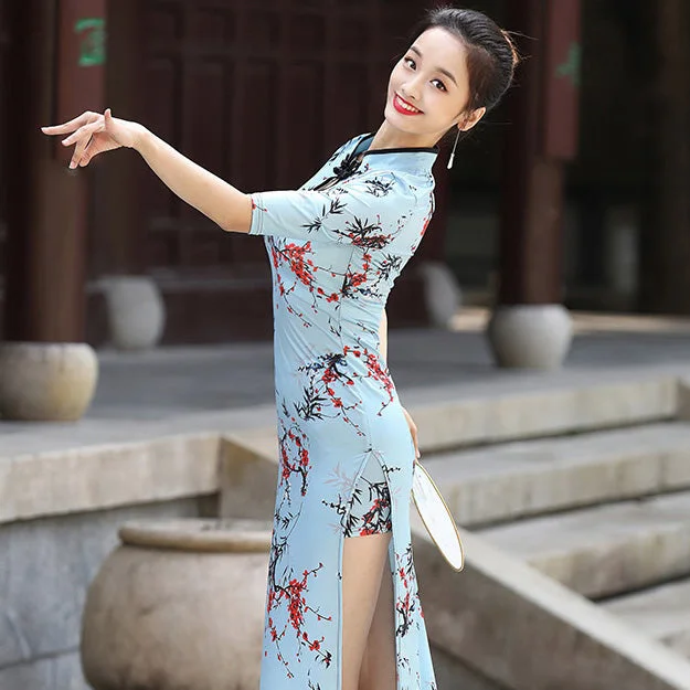 Stretchy Floral Cheongsam Dress Chinese Style Dance Dress Tunics Summer linen