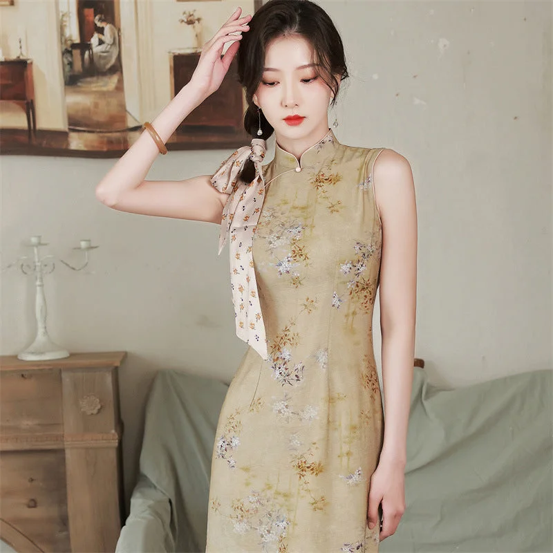 Retro Ramie Double-layer Printed Midi Qipao Dress for Young Women Tunics Trousers formal
