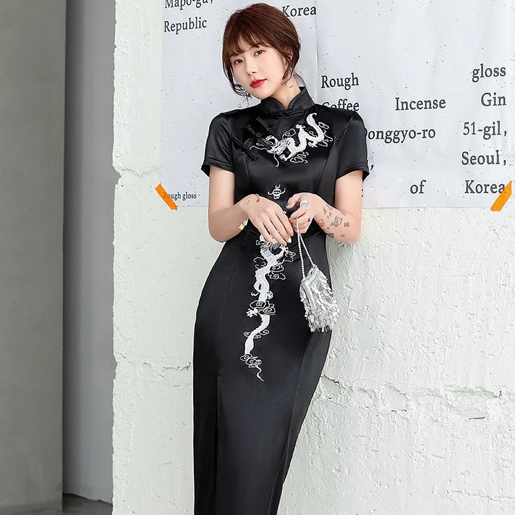 Dragon Embroidery Short Sleeve Open Front Cheongsam Chinese Dress Tunics Floral girly