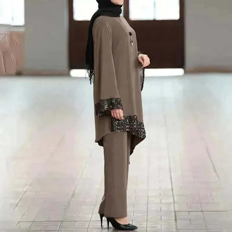 Elegant Two piece Dress Suit for Classy Arab Dubai Turkey Middle East Women Outfit set Tunics Chic fashionable