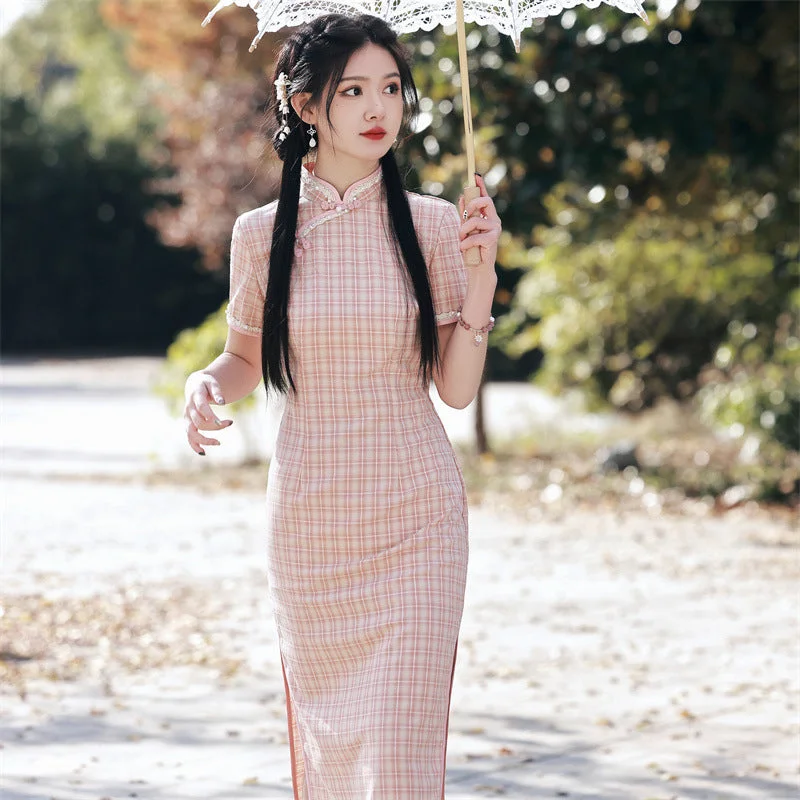 Cotton and Linen Plaid Midi Qipao Dress for Young Women Tunics Yoga stretchy