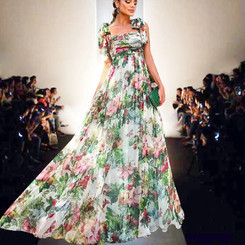 Summer Women Rose Print Pleated Wrapped Chest Wide Hem Flowy Strap Dress Women Tunics Designer luxury