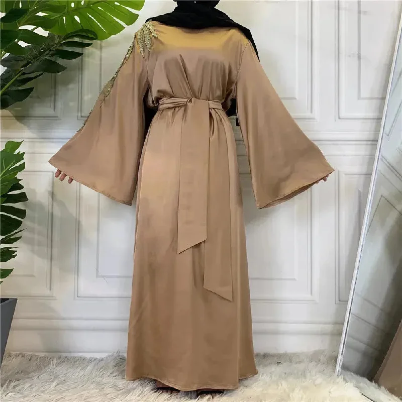 Fashion Embroidered Satin Abaya Dress Middle East Fancy Plain Dubai Abaya Tunics Prom sequined