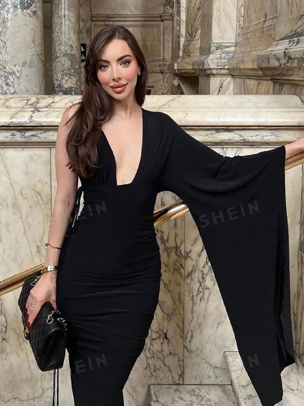 Women's Fashionable Single Shoulder Sleeve, Sexy Low-Cut Backless Evening Dress Tunics Stylish elegant