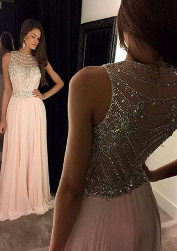 Beaded Crystal Jewel Neck Sleeveless Long Chiffon A-line Prom Party Evening Dress Tunics Office stylish