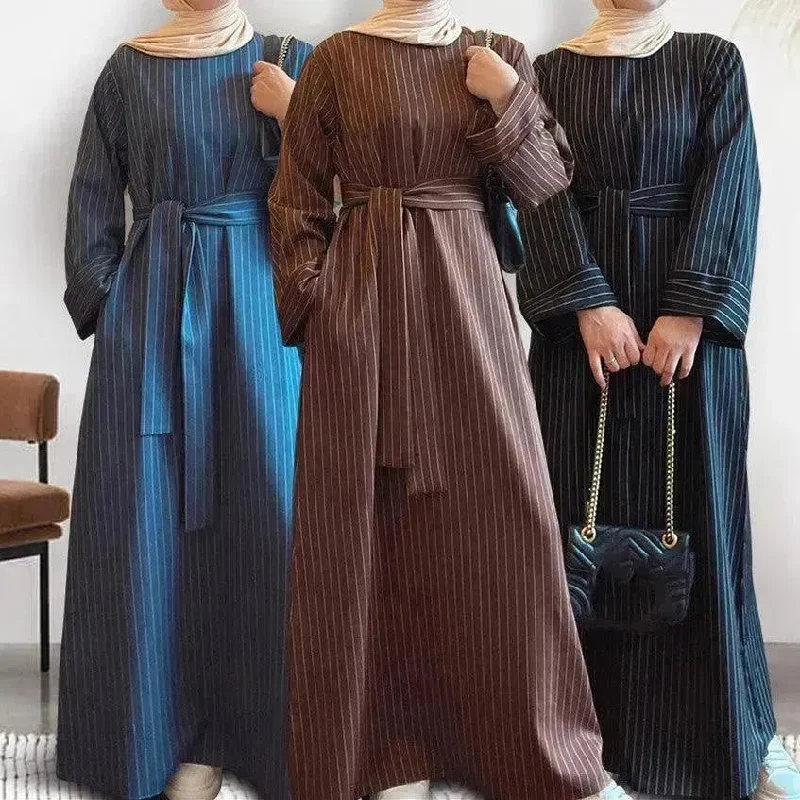 Fashionable Stripe Tunneled Abaya Dress for Elegant Arab Dubai Turkey Middle Eastern women. Tunics Custom made