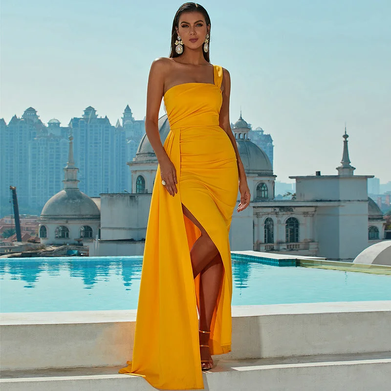 Summer Dress Women Sexy One Shoulder off Neck Ball Party Split Evening Dress Tunics Business professional