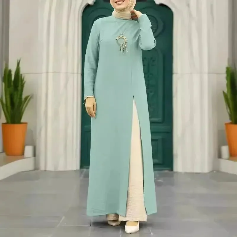 ArabWomen Plain Split Long sleeve Abaya Dress Tunics Evening elegant