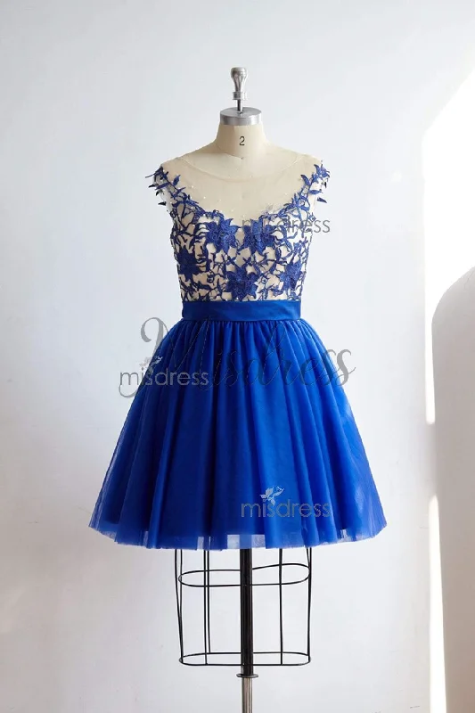 V Back Royal Blue Lace Tulle Knee Length Prom Party Cocktail Dress Tunics Bridal satin