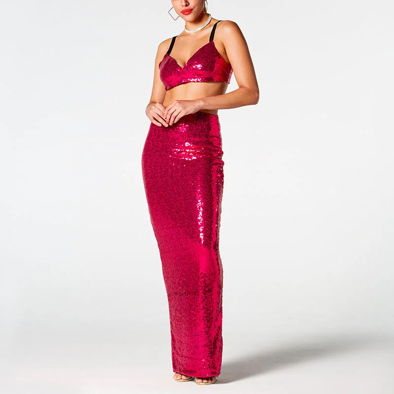 Summer Sexy Red Dress Sling Short Top High Waist Sequined Two Piece Set Tunics Party sparkling