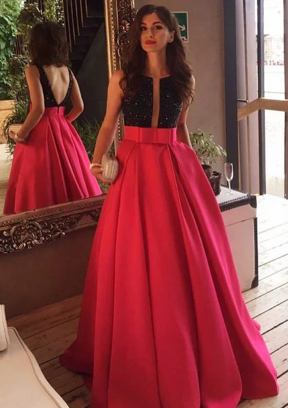 Satin A-Line/Princess Bateau V Back Floor-Length Party Prom Dress, Sequins Bowknot Tunics Prom sequined