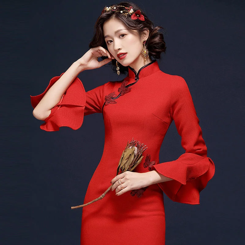 Ruffle Sleeve Cheongsam Top Retro Chinese Style Pencil Dress Turtleneck Neckline Stylish