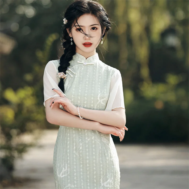 Double-Layered Chiffon Dress with Embroidered Stripes and Cheongsam Details Tunics Mesh breathable