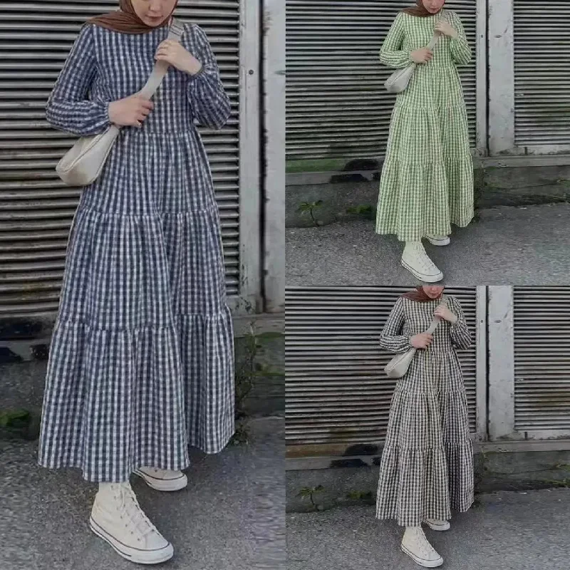 Middle East Plaid Long Sleeve Elastic Sleeve Round Neck Loose Waist Casual Dress Checked Casual dress for Arabfor Women Tunics Summer linen