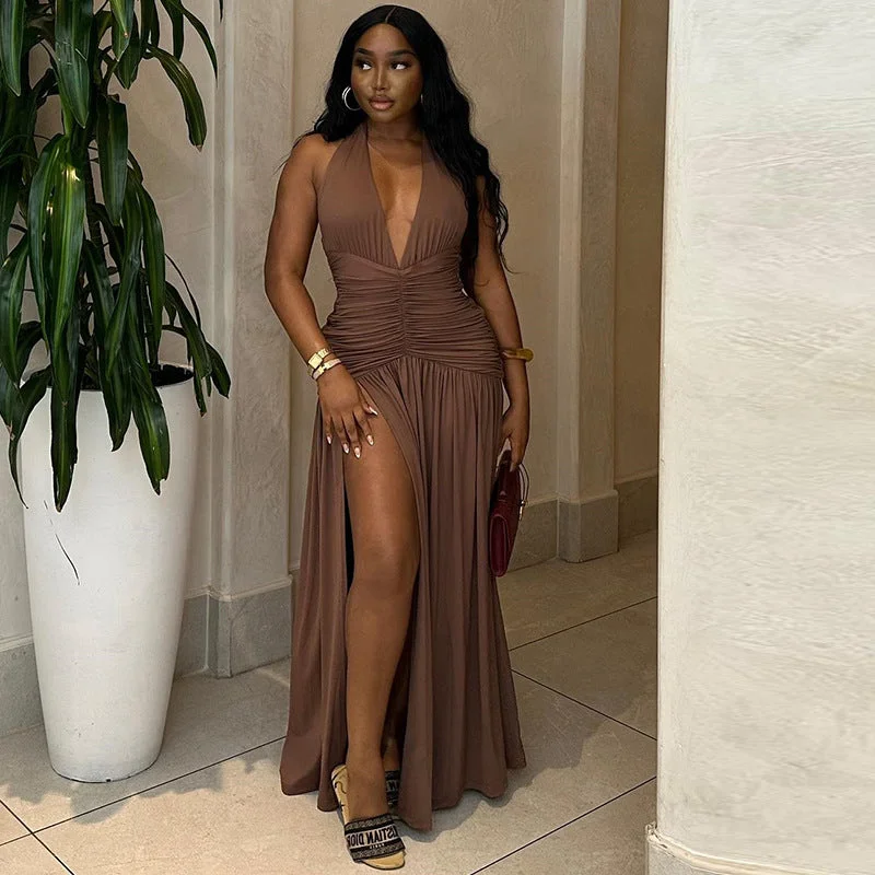 Women Clothing Solid Color Dress Sexy Sleeveless Deep V Plunge Neck Split Casual Waist Controlled Dress Tunics Fashionable trendy