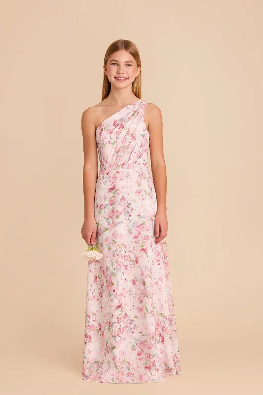 Kiara Junior Chiffon Dress - Pink Falling Petals Boat Neckline Classic