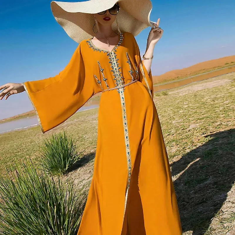 Luxury Hand-stitched Diamond Sleeve Dress Middle East Dubai Abaya Dress Fancy Summer Abaya Turkey Embellished Abaya dress Tunics Occasion special