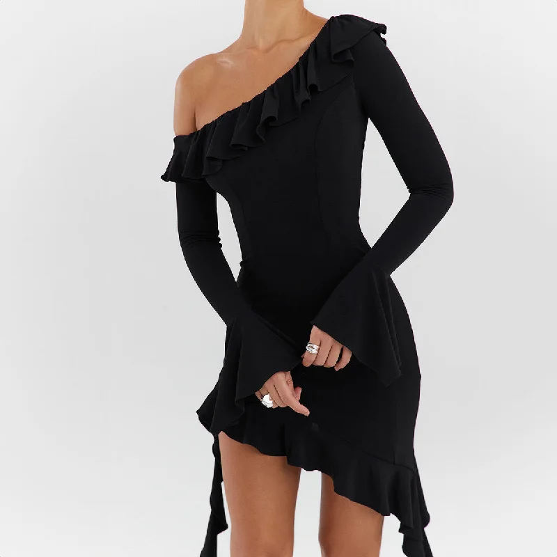 Women Clothing Spring Short Sleeve Diagonal Collar Slim Fit Backless Ear Dress Tunics Chic elegant
