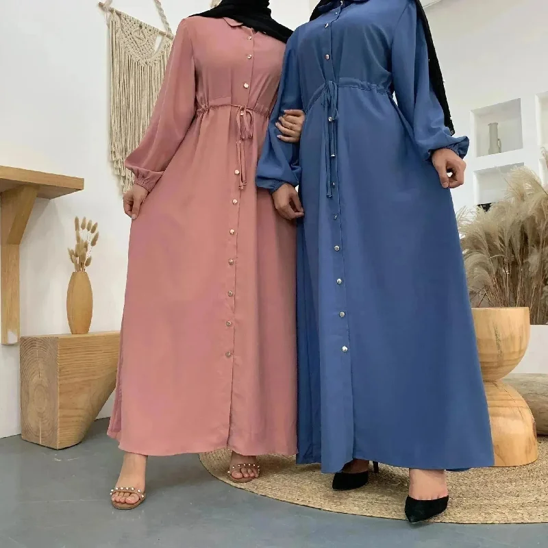 Beautiful Solid Color Full Button down Abaya Dress for Arabian Dubai Turkey Middle East Women Tunics Designer luxury