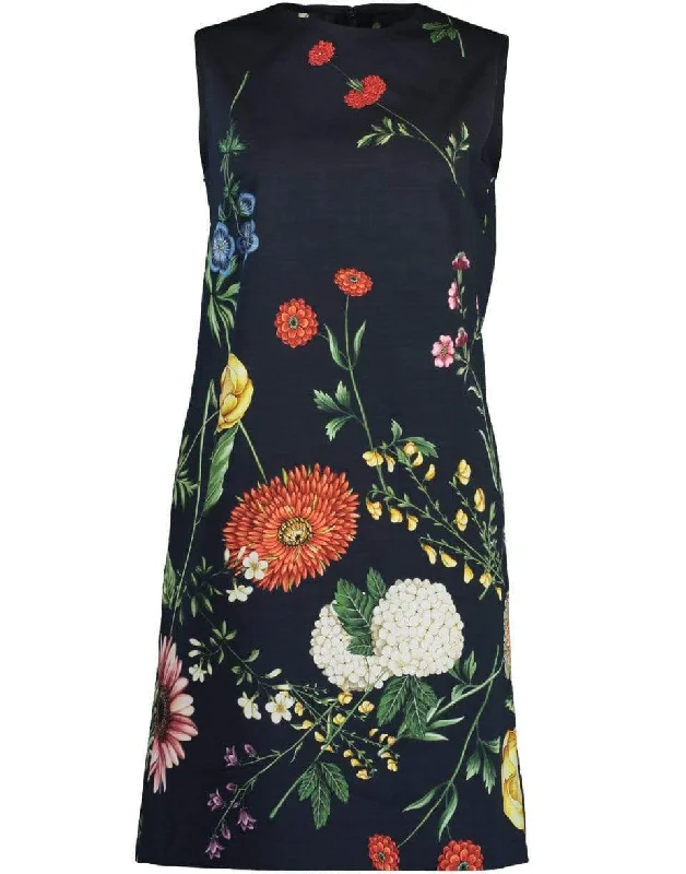 Tossed Botanical Print Sleeveless Shift Dress A-Line Day Work