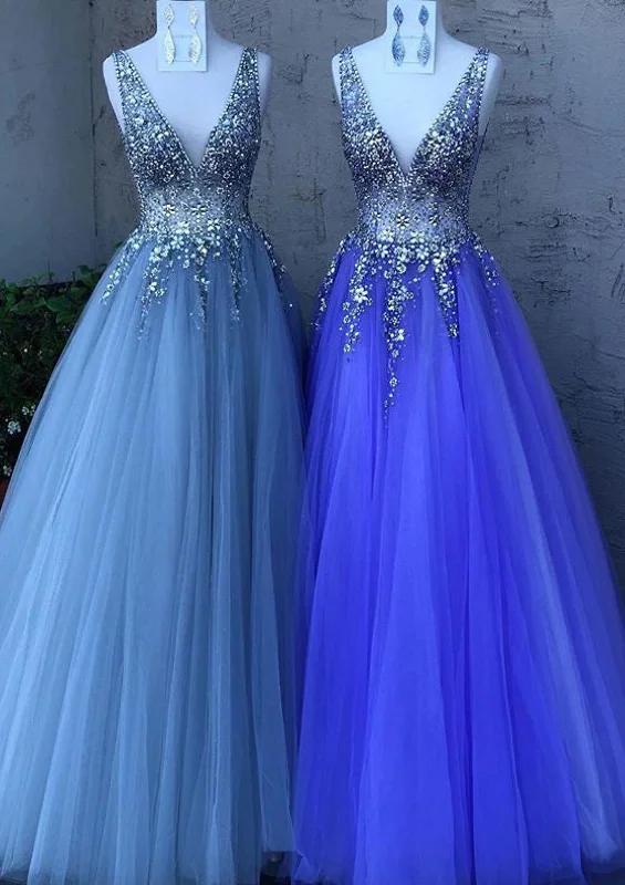 A-line/Princess V-neck Sleeveless Tulle Long Formal Party Prom Dress, Beaded Sequins Tunics Party sparkling