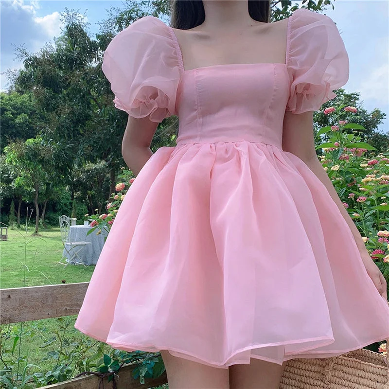 Wjczt Girls Sweet Pink Puff Sleeve Square Neck Mesh Puffy Dress Women's Summer 2022 New Princess Skirt Send Bow Party Club Mini Skirt Tunics Floral girly