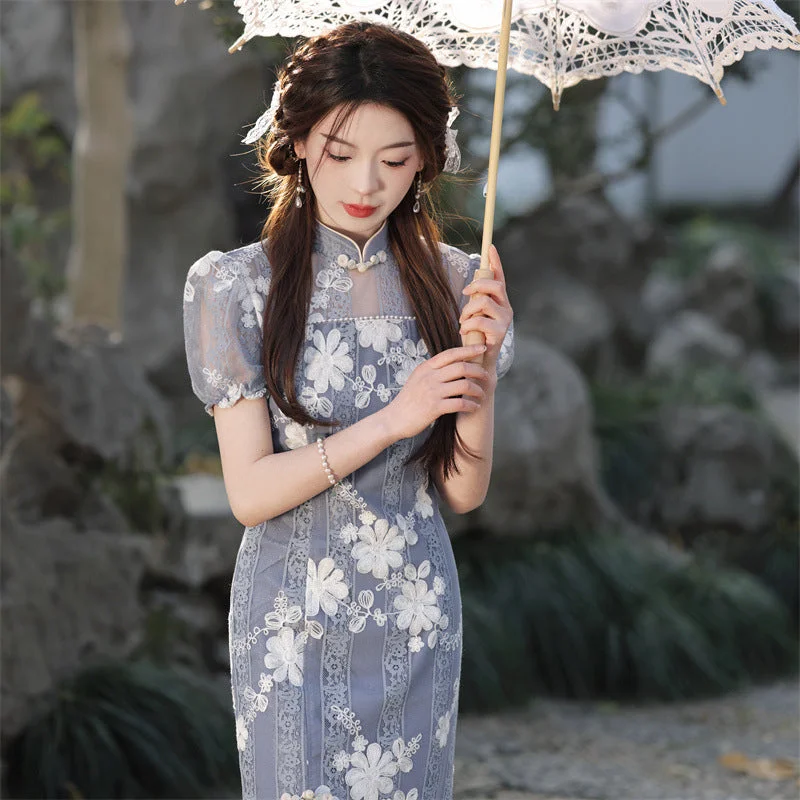 Front Slit Embroidered Mesh Cheongsam Dress with Bubble Sleeves Tunics Corduroy durable