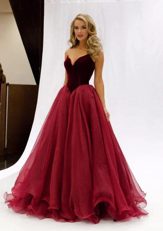 Strapless Organza Velvet Burgundy/Crimson Party Gown Pageant Prom Dress Tunics Leisure comfortable