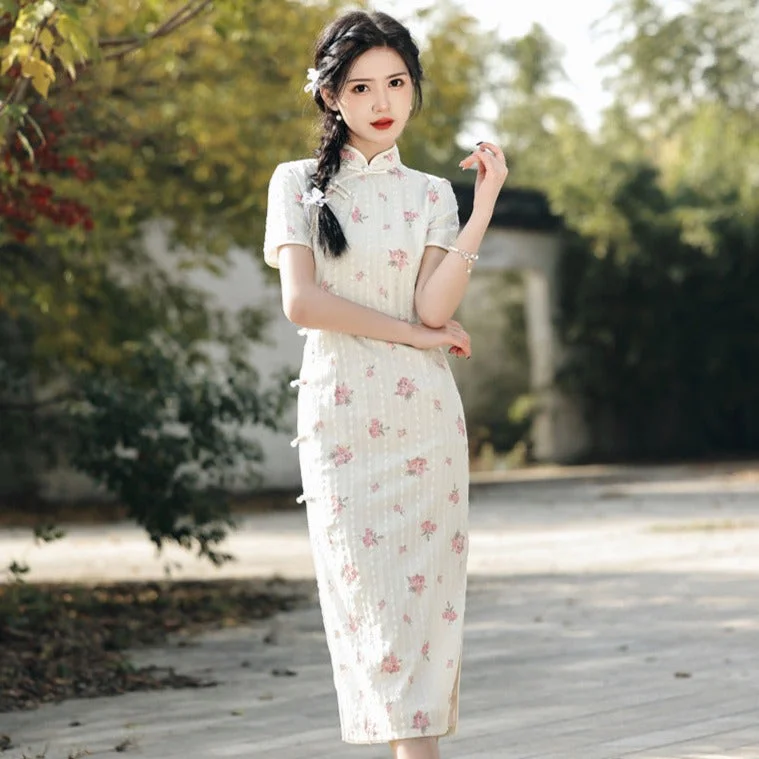 Tea-Length Chiffon Cheongsam Dress with Floral Print and Short Sleeves Tunics Canvas sturdy