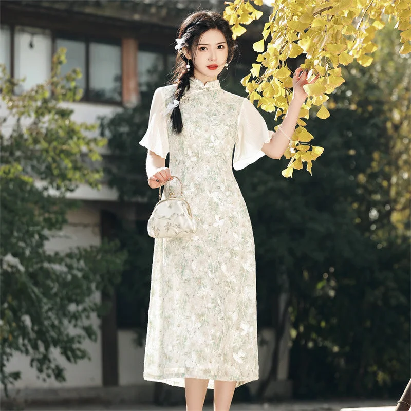 Tea Length Floral Cheongsam Dress Long and Breathable Qipao with Flared Sleeves Tunics Lace romantic