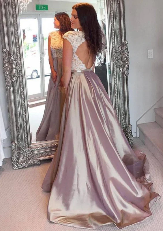 Princess Scoop Neck Open Back Floor Length Court Train Taffeta Party Prom Dress, Lace Tunics Wedding white