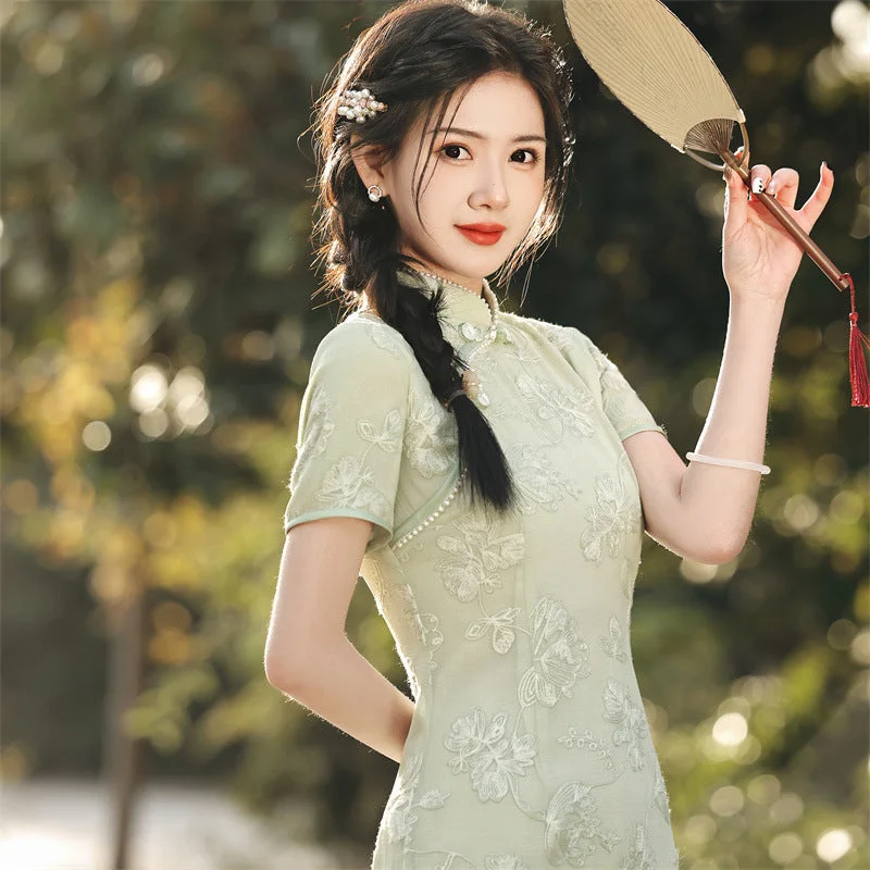 Double-Layered Chiffon Cheongsam Dress with Embroidery Retro Shanghai Style Tunics Velvet soft