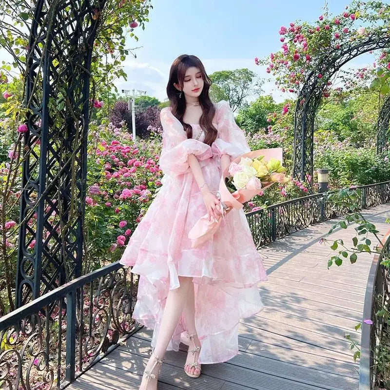 Wjczt French high-grade niche design tea break light luxury dress female floral bubble sleeve square collar fairy skirt empire Waist empire